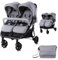 Lorelli Zwillingskinderwagen Duo, Zwillingsbuggy klein faltbar für 2 Kinder, sehr leicht, Zwillingswagen nebeneinander, Geschwister Kinderwagen kompakt zusammenklappbar, hellgrau