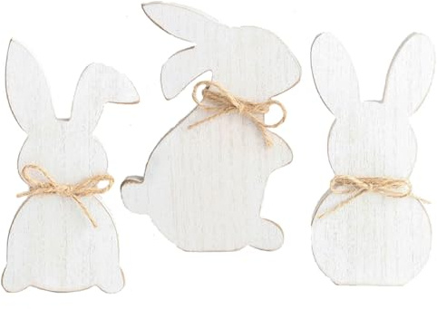 YIEUR Lot de 3 figurines de lapins de Pâques en bois blanc - Décoration de Pâques - 17 cm - Décoration de Pâques - En bois à poser - Pour l'extérieur - Décoration de table de jardin (blanc)