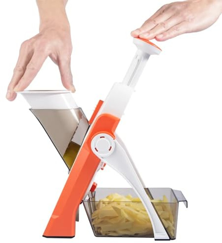 PUPZY, Safe Mandoline Slicer 5 in 1 Gemüseschneider Lebensmittel Kartoffelschneider, Streifen Julienne Dicer Einstellbare Dicke 0,1-8mm Küche Hacken Artefakt Schnelle Mahlzeit Prep Orange