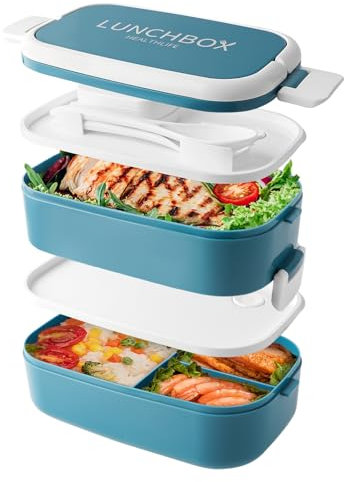 Beeptrum Bento Lunch Box stapelbar, 1400ml Behälter mit 4 Fächern und Besteck, auslaufsichere 2-Schicht-Boxen, für Erwachsene Kinder Büro, Mikrowelle spülmaschinenfest (Blau)