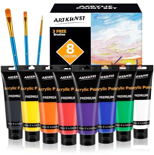 ARTKUNST Acrylic Paint Set 8 Colors (4 oz / 120ml Each) with 3 Paint Brushs, Non Toxic, Non Fading, Waterproof, Acrylic Paint Kit for DIY Projects on Wood, Fabric, Crafts, Canvas, Leather&Stone