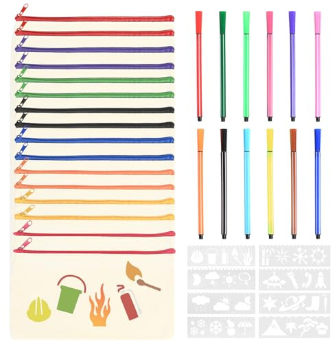 16 Pcs Estuche Tela de Lápices de Lona y Pinturas, Plumier Personalizado, Bolsas de Tela para Bricolaje, con 12 Bolígrafos y 8 Plantillas de Dibujo