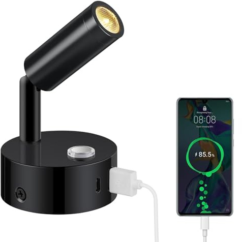 ERWEY Lampe de lecture 12V pour camping-car, applique murale LED avec interrupteur Touch Dimmable 3000K-6000K,DC 12V-24V Spot avec prises USB A+C pour bateau voiture camper van,Noir
