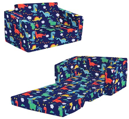 Decalsweet Kids Sofa Bed,2-in-1 Flip Out Kids Couch,Folding Toddler Chair with Pocket,Convertible Chair to Lounger,Birthday Gift for Children Boys,Dinosaur