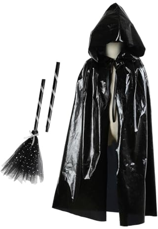 Kids Hooded Cloak Witch Broom Set Halloween Costume Cape Broomstick Children Medieval Gothic Cloak Witch Wizard Vampire Death Cape Fancy Dress Cosplay Party Accessory Props for Boys Girls Age 3-8