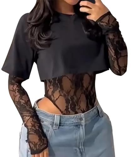 MJGkhiy Maglietta Donna Trasparente Aderente Sexy Maglia Pizzo Elegante Girocollo Mesh Top Curvy Manica Lunga Sottogiacca Pizzo Elasticizzato Party Blusa in Rete Feste T-Shirt in Tulle Camicia Velato
