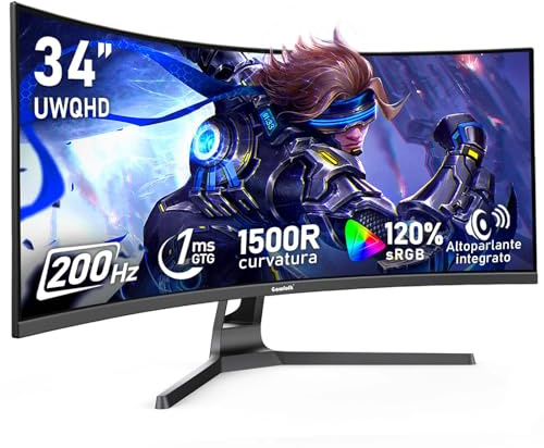 Gawfolk Ultrawide Monitor 34 Zoll 1500R Gebogen 200Hz Monitor für Gaming-Computer, 21:9 UWQHD (3440 x 1440), 128% sRGB,Adaptive Sync, Eingebauter Lautsprecher, HDMI, Display Port, VESA75×75MM