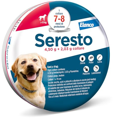 Seresto collare antiparassitario per cani oltre 8 kg. Elimina pulci, zecche, pidocchi e protegge dal rischio di trasmissione della leishmaniosi fino a 8 mesi.