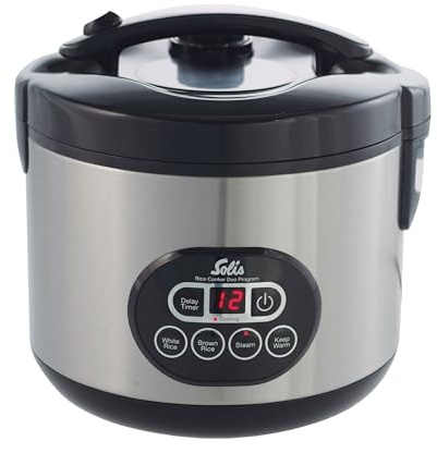 Solis Reiskocher Rice Cooker Duo Program - Reiskocher und Dampfgarer für 6 Tassen Reis - auch für Sushi Reis - Timer - Warmhaltefunktion - Inkl. Messbecher + Schöpflöffel - 1,2 L | Timer, Warmhaltefunktion, Antihaft-Innentopf, PFAS-frei, 500 W