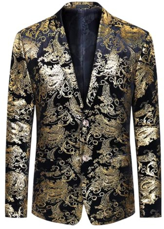 Allthemen Herren Sakko Pailletten Sakko Gold Glitzer Blazer Hochzeit Party | Smoking, Abendessen Weihnachten, Slim Fit, Paisley, Jacquard, Floral, 2 Knopf, Sportlich Modern, Jacket