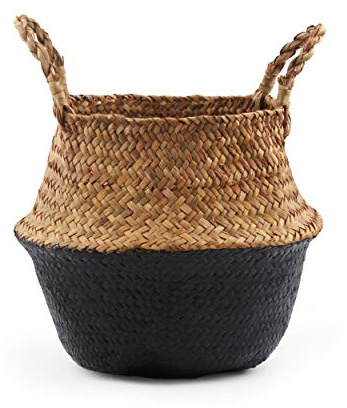 BlueMake Woven Seagrass Belly Basket for Storage, Laundry, Picnic, Plant Pot Cover, and Grocery and toy storage (Medium, Black)