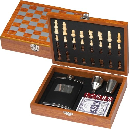 noTrash2003 Flachmann Set 237 ml mit Schachspiel, Würfeln, Pokerkarten, Trichter in Holzschatulle – Geschenkset für Männer – Barzubehör & Reiseset für Whiskey, Wodka, Gin & Co.
