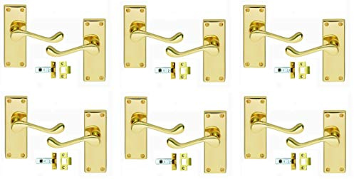 Golden Grace Victorian Scroll Door Handle Set 120mm, Polished Brass | Supplied with 64mm tubular latches, spindles and screws for quick fitting, with a durable 40mm wide metal backplate.