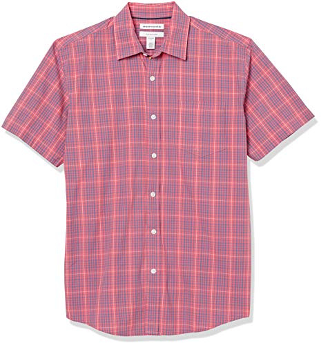Amazon Essentials Camisa de Popelín de Manga Corta de Ajuste Normal Hombre, Rojo Efecto Lavado Cuadros Escoceses, M