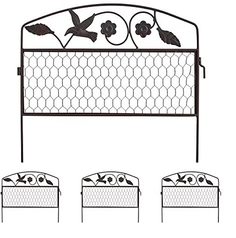 Relaxdays Beetzaun, 4 Zaunelemente je HxB: 41 x 48,5 cm, Steckzaun mit Verzierung, Beeteinfassung, Metall, Dunkelbraun