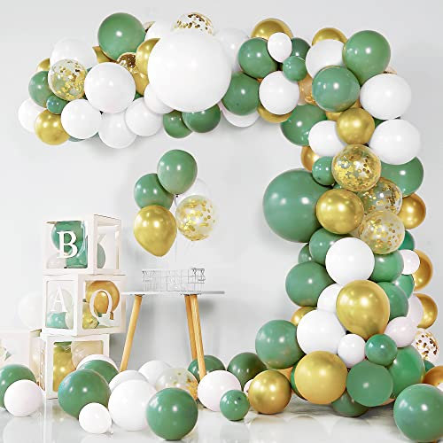 BAZADER 127 PCS Arche Ballon, Kit de Guirlande de Ballons, Vert Blanc et Or Métallique & Ballon Latex Confettis pour fête d'anniversaire, mariage, saint valentin, bébé, garçon