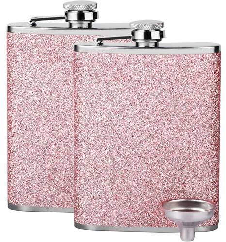 Edelstahl Flachmann Mit Glitzer für Frauen - Whisky Alkohol Flachmann Mit Trichter, Tragbar Zum Wandern, Klettern, Angeln, Camping, 8Oz /240 ml (Rosa Rot)