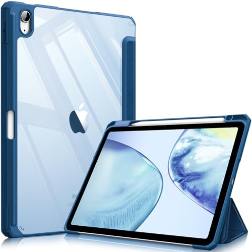 Fintie Hybrid Hülle für iPad Air 11 Zoll, iPad Air 5./4. Generation 10,9 | Schlankes stoßfestes Schutzhülle mit Stifthalter, Transparente Hartschale, Standfunktion für Tippen & Ansehen, Blau