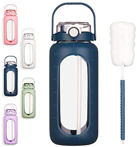 BLUEGO 2000ml Glass Water Bottles with Straw Time Marker Half Gallon Large Motivational Water Bottle with Silicone Sleeve 2 Liter Large Glass Water Jug for Gym, Sports& Workout, Daily, Drak Blue