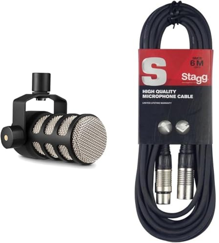 RØDE PodMic Micrófono dinámico de Calidad de transmisión PodMic con Montura giratoria integrada & Stagg Cable de micrófono a Mezclador Stagg SMC6 XLR (m) -XLR (f) de 6 Metros de Largo, Negro
