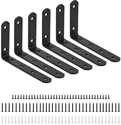 QWORK® 6 Piezas Soporte Estanteria, Soporte En L, Escuadras Metalicas, Con Tornillos Y Tubos De Expansión, 125x75x20mm, Negro