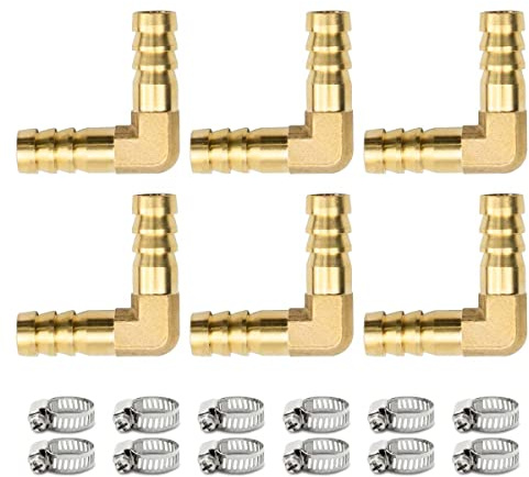 Bwintech 6 Stück Schlauchanschlussstücke, 12 mm 2-Wege-L-Form-Winkelstück aus Messing mit 12 Klemmen