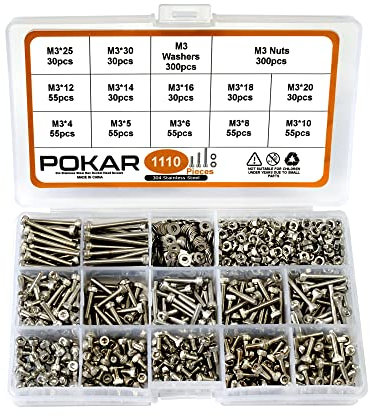 POKAR Senkkopfschrauben mit Innensechskant 1110 Stück Mutter Schrauben Unterlegscheiben Sortiment Box Set M3