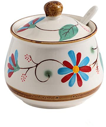 Desconocido Azucarero y Salero de Cerámica, Azucarero Vintage con Tapa y Cuchara, 320ml/10.8 oz, Sirviendo para Azúcar, Sal, Té, Especias y Más