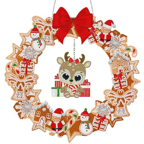 Demiawaking 5D Weihnachten Diamond Painting LED Weihnachtsbeleuchtung Diamant Malerei Deko Lampe Anhänger DIY Party Deko Weihnachtsdeko Handwerk Geschenk (Weihnachtskranz B)