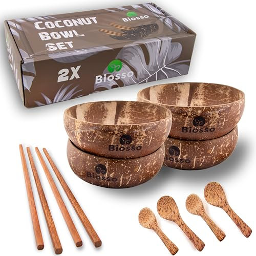 Biosso Tazones de coco – Producto 100% natural, juego de 4 con cucharas y palillos, cuenco de madera para batidos, cuencos de coco, ensaladera, alternativa sin plástico, hecho a mano