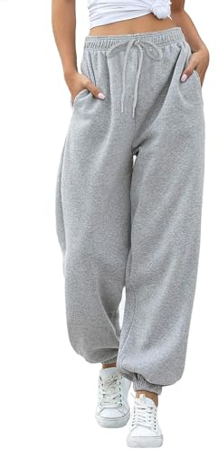 EBANKU Joggingbyxor för kvinnor med cinbotten och fickor, enfärgad träningsoverall, säckiga byxor med elastisk midja för avslappnad hiphop, gym och jogging, GRÅ, XL