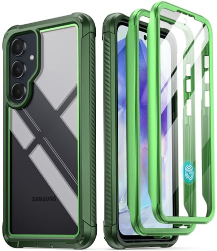 Poetic Guardian Case Compatible with Galaxy A55 5G 2024, Built-in Screen Protector [Work with Fingerprint ID], [2 Front Frame] Full Body Shockproof Rugged Clear Cover Case, Green/Clear