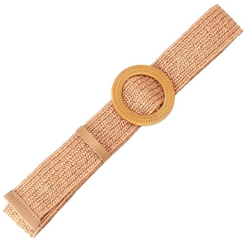AGUTALITHIC Strohgürtel Für Frauen, Stroh Gewebt Elastische Stretch Taille Gürtel, Geflochtener Strohgürtel, Runde Schnalle Für Damen Mädchen Strand(95cm/Waist:30~32, Brown)