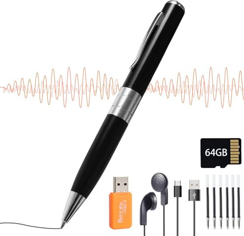 Registratore vocale digitale da 64 GB, penna di registrazione per ridurre il rumore, registrazione vocale con riproduzione MP3 per conferenze, riunioni, classi, interviste (nero)