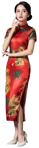 ZNLFS Dam Cheongsam traditionell kinesisk klänning sidosits smal passform midi-klänning mandarinkrage kortärmad Qipao, Röd, 44