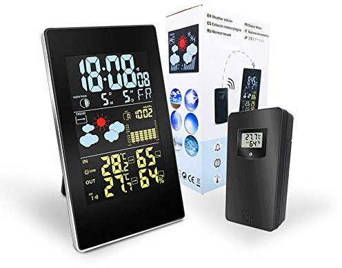 TENGJUN Digital Clock Wireless Weather Station, Weather Forecast Color LCD Screen Alarm Clock Thermometer Hygrometer Moon Phase Snooze with Outdoor Sensor for Bedroom Garden Office