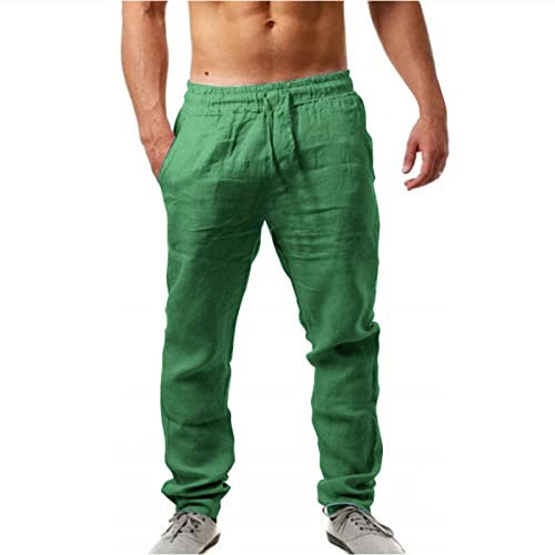 Herren-Hose aus Leinen, Baumwolle, Jogginghose, elastische Strandhose, bequem, leicht, lockere Passform, Kordelzug, legere Yogahose, Baggyhose mit Taschen, gerade, grün, 3XL