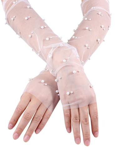 Visxcnu 1pair Guantes De Tul, 46 cm Guantes de Perlas sin Dedos Guantes de Tul para Mujer Guantes Largos de Tul Guantes de Novia para Ópera Disfraces de Halloween Fiesta Baile