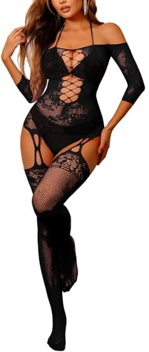Buitifo Womens Fishnet Bodystocking Plus Size Bodysuit Sexy Tights Soft Nightwear Lingerie (By-black,One Size)