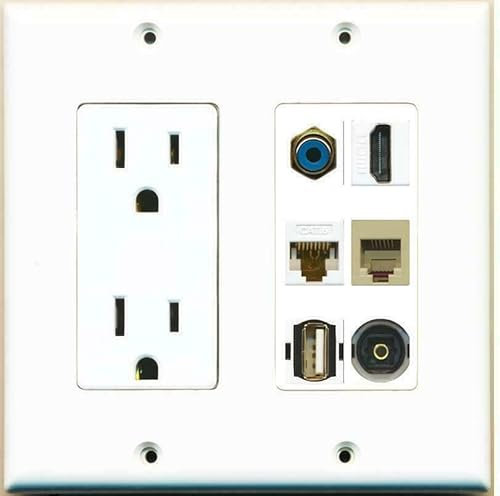 RiteAV Placa de pared USB Toslink para teléfono Toslink de 15 A de alimentación HDMI CAT6 RCA azul