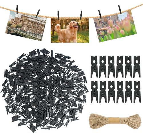 300 Stück Schwarze Mini Holzklammern, 25mm Kleine Holz Wäscheklammern | Schwarz mit Juteschnur, Natur Holz Fotoklammern Deko, Kleine Holzclips Zierklammern für DIY Basteln Aufhängen von Fotos