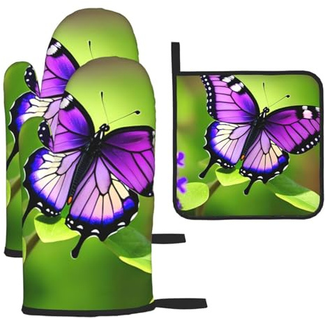 Butterfly Purple Print Oven Mitts and Pot Holders Set,Cooking Mitts,Cooking Mitts and Pot Holders,Oven Gloves Set
