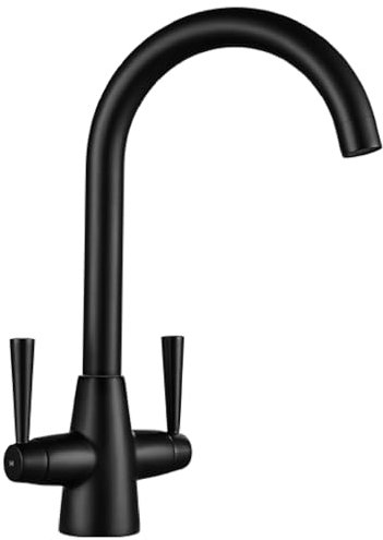 Sistaby Matt Black Kitchen Tap Dual Lever Monobloc Mixer Taps 1 Hole Swan Neck Hot Cold Kitchen Sink Mixer Taps Stainless Steel Streamlined Classic Faucet 360° Swivel Spout Bar Taps