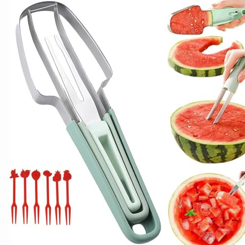 Cortador de Frutas 3 en 1, Cortador de Melón y Sandía con 6 Tenedores, Para Cortar Sandía, Melón y Frutas, Ideal para Fiestas, Picnics y Uso en Casa (verde)