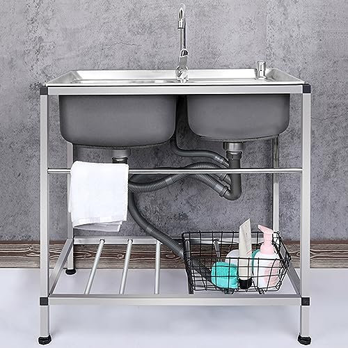 Lavello portatile da esterno in acciaio inox con rubinetto 2 lavabi per campeggio giardino e casa include protezione contro il troppopieno lavabo da cucina mobile