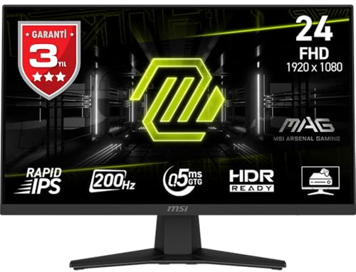 MSI mag 244F, 24,FHD,1920x1080 - Monitor Gaming, 200Hz, 0.5ms, HDR Ready, AMD FreeSync Premium, Eye Care, AI Vision, HDMI 2.0b, DP 1.2a, Sin Marco, Inclinación Ajustable, Soporte Vesa, Negro