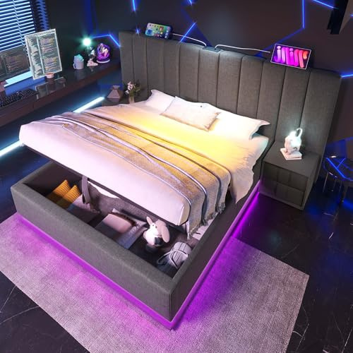 Rtopsu Doppelbett Polsterbett 180x200 cm mit LED-Beleuchtung und USB-C, Stauraumbett mit Hydraulischem Stauraum, Bett Bettgestell mit Lattenrost aus Holz, Leinen, Grau, Ohne Matratze und Nachttisch