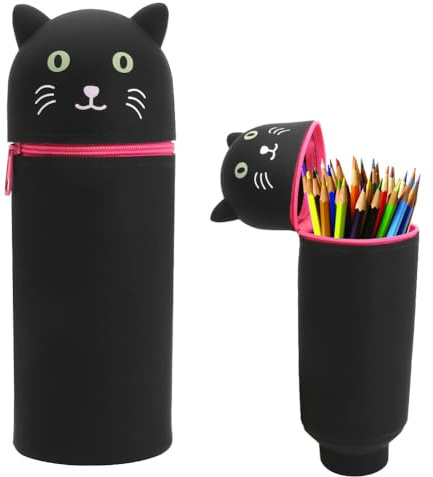 Yuragim Silikon Federmäppchen Katze, 2-in-1 Kawaii Mäppchen aus Weichem Silikon, Stand Up Federmäppchen Cartoon Tier Stifthalter mit Reißverschluss Pencil Case Federtasche Geschenke für Schulanfänger