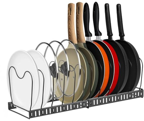 CROWNSHOP Pans Organiser Rack Expandable Pots and Pans Holder with Adjustable Compartment for Kitchen Storage Organisation (1 PCS Black)