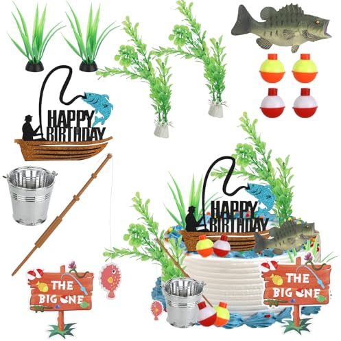 Tinoaly 13pcs Fishing Cake Topper, Fishing Birthday Party Decorations with Seaweed Bucket Fish Happy Birthday Cake Decor for Theme Party Supplies Retirement Celebrations